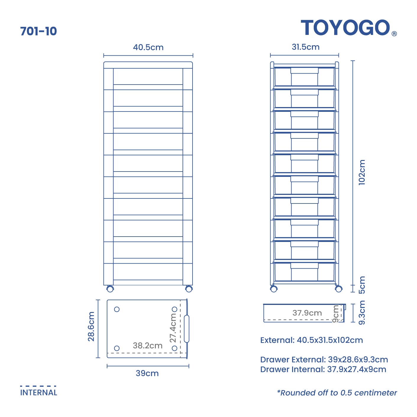 10 TIER DOC. DRAWER W/WHL (701-10)