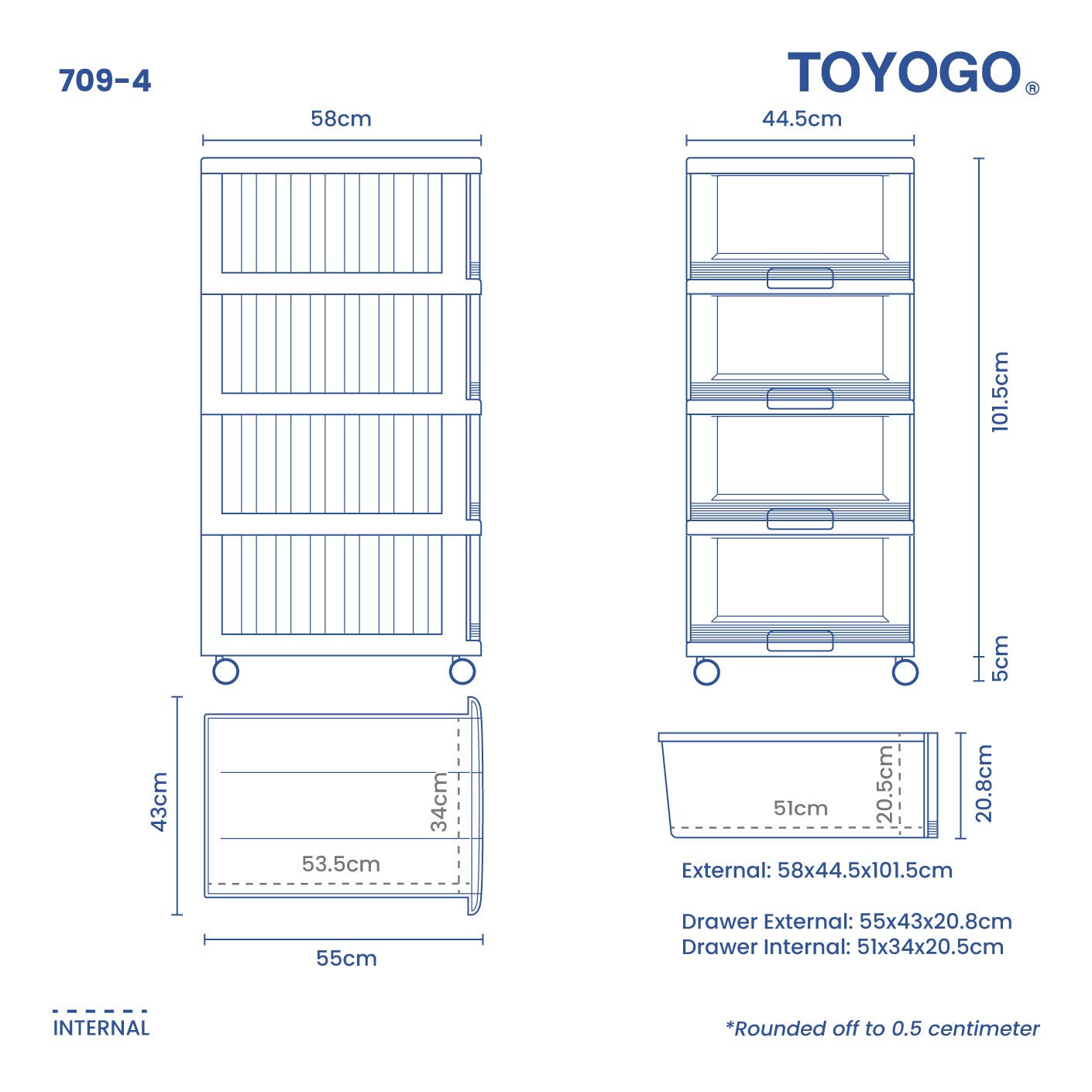 4 TIER MENTON DRAWER W/WHLS (709-4)