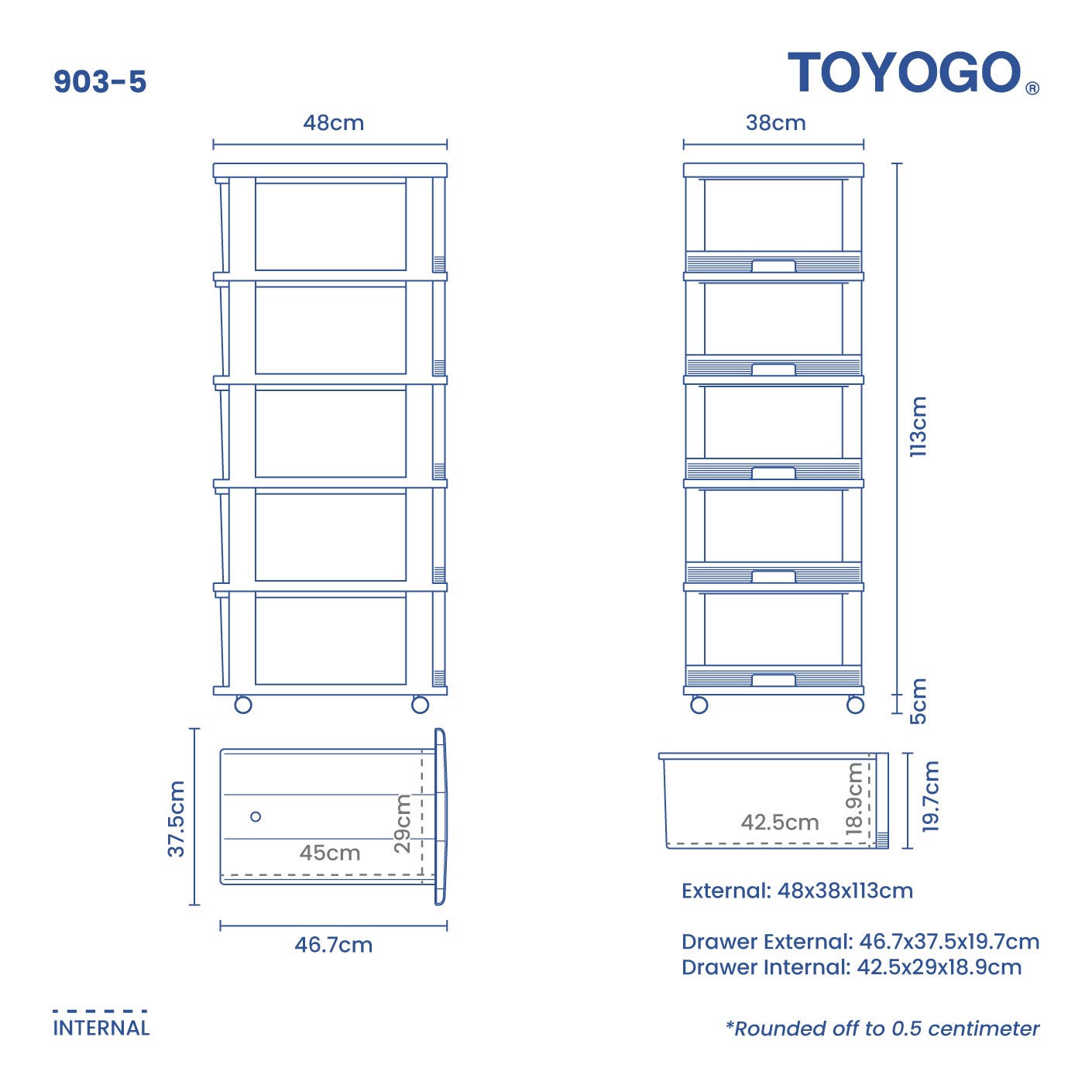 5 TIER MENTON DRAWER W/WHLS (903-5)